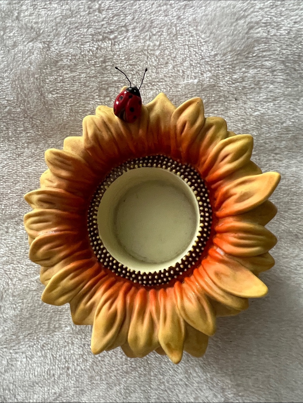PartyLite Sunflower Ceramic Candle Holder with Ladybug Accent - Yellow & Orange